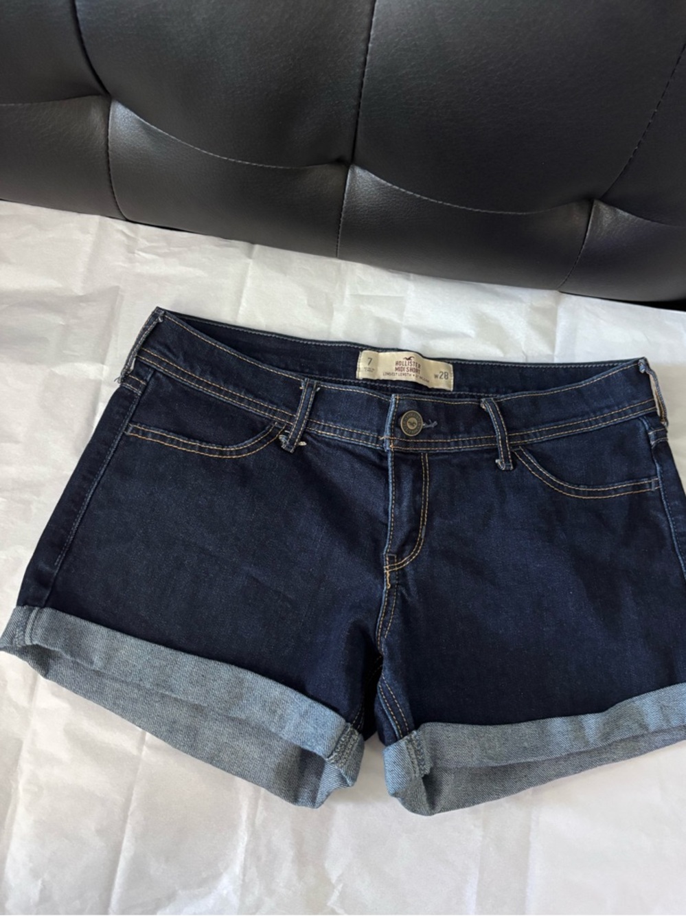 Hollister Dark Blue Rolled Cuff Denim Shorts MIDI SHORT